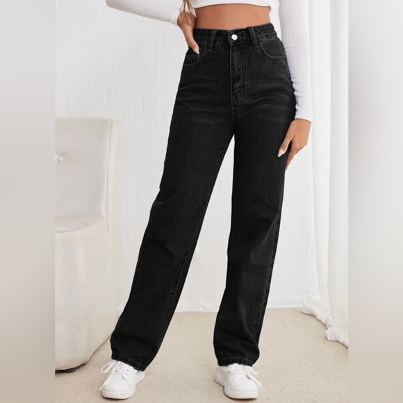 High Waist Black Straight Leg Jeans - Picture 2 of 4